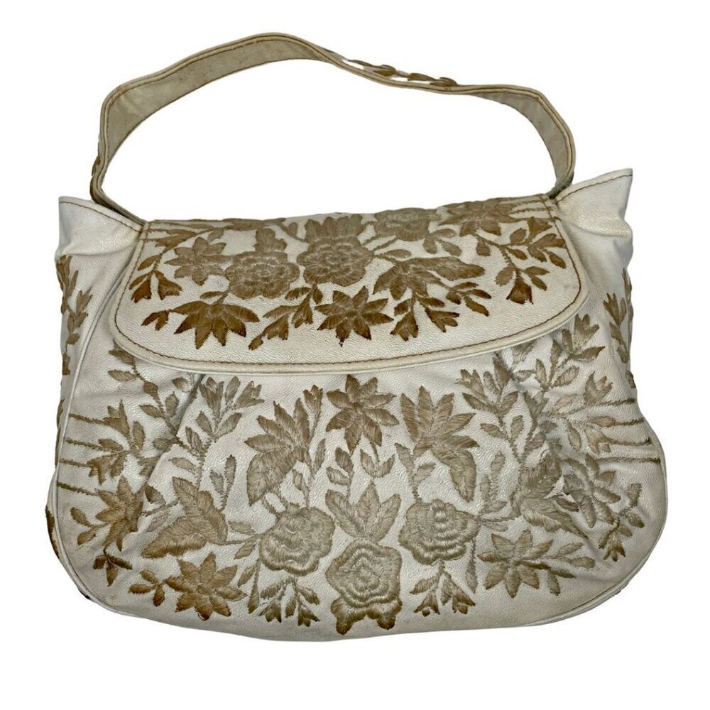 Vintage Cream and Brown Leather Embroidered Floral Purse